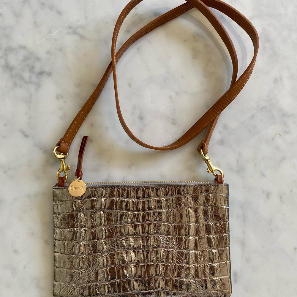 Clare V Wallet Clutch silver croc with Clare V leather strap